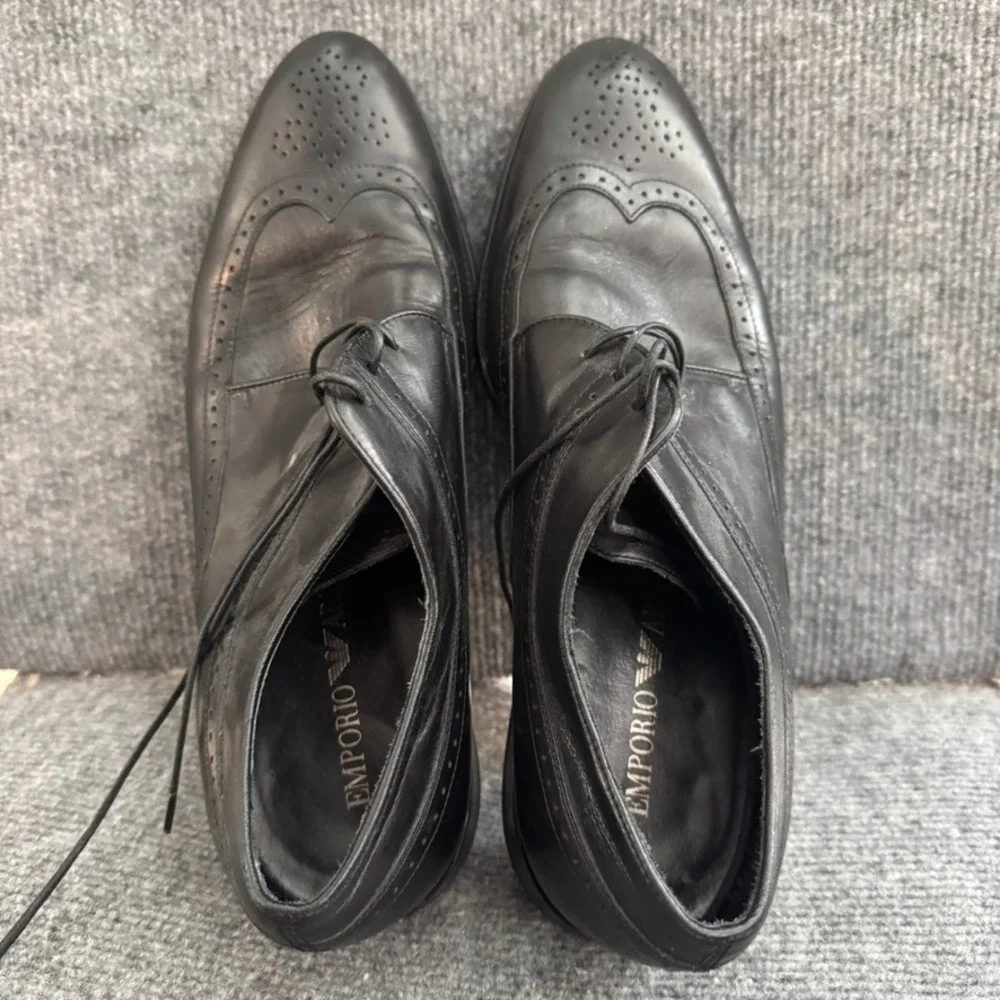 Emporio Armani Mens Black Leather Wingtip Brogue Oxford Dress Shoes Italy 41.5